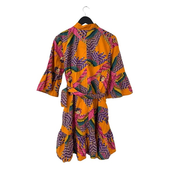 Farm‎ Rio Large Macaw Print Poplin Belted Mini Dress Orange Mutli Boho Colorful - Picture 4 of 11